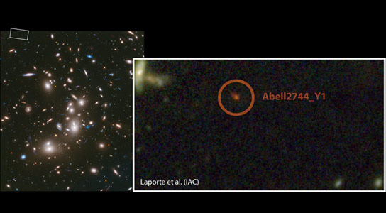 Hubble Views Abell2744 Y1，其中一个最遥远的星系之一