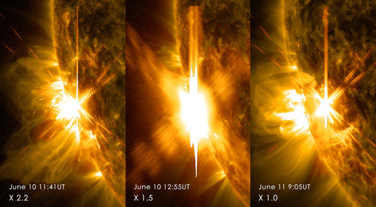 美国宇航局的太阳能动力学天文台看到三个太阳耀斑