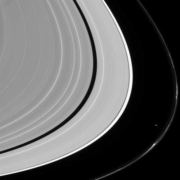 Cassini图像的土星戒指及其月亮普罗米修斯