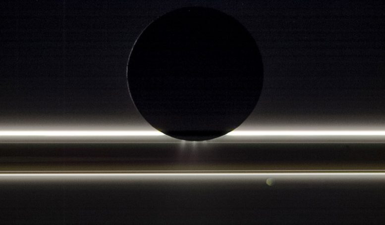 一首冰和光线，Enceladus在土星的戒指之前漂移