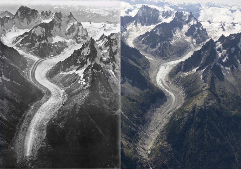 在高山冰川的航空照片中可以看到100年的气候变化