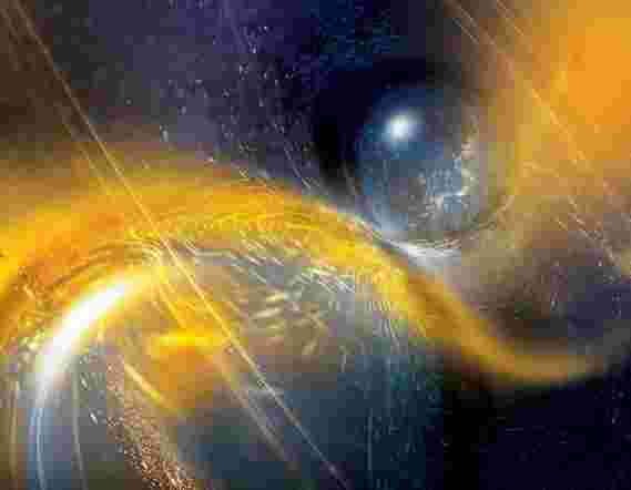 引力波浪通过中子恒星猛烈碰撞后的空间和时间的织物浪涌