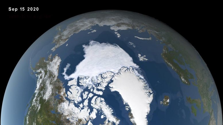 2020年北极海冰最小程度，自现代记录保存以来的第二个最低程度开始