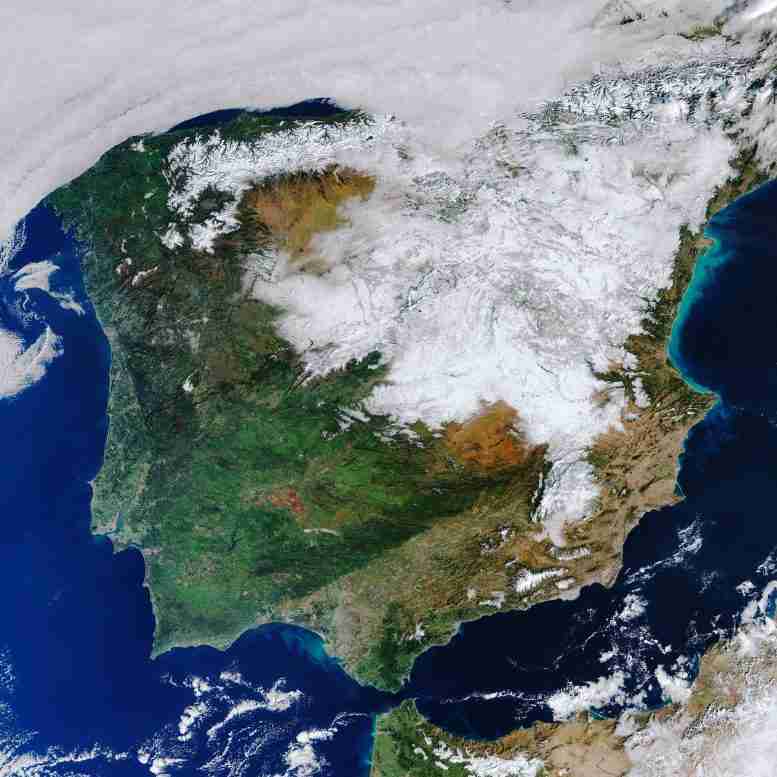 西班牙寒冷的毯子 - 西班牙大雪卫星图像