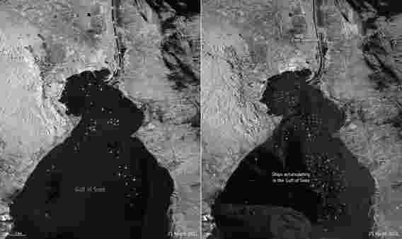 从太空看：曾经给出过集装箱船楔入苏伊士运河 - 而且由此产生的交通堵塞