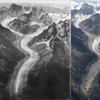在高山冰川的航空照片中可以看到100年的气候变化